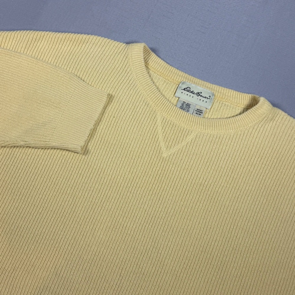 Eddie Bauer Mens Shaker Knit Cotton Crewneck Sweater Yellow Medium Made in USA